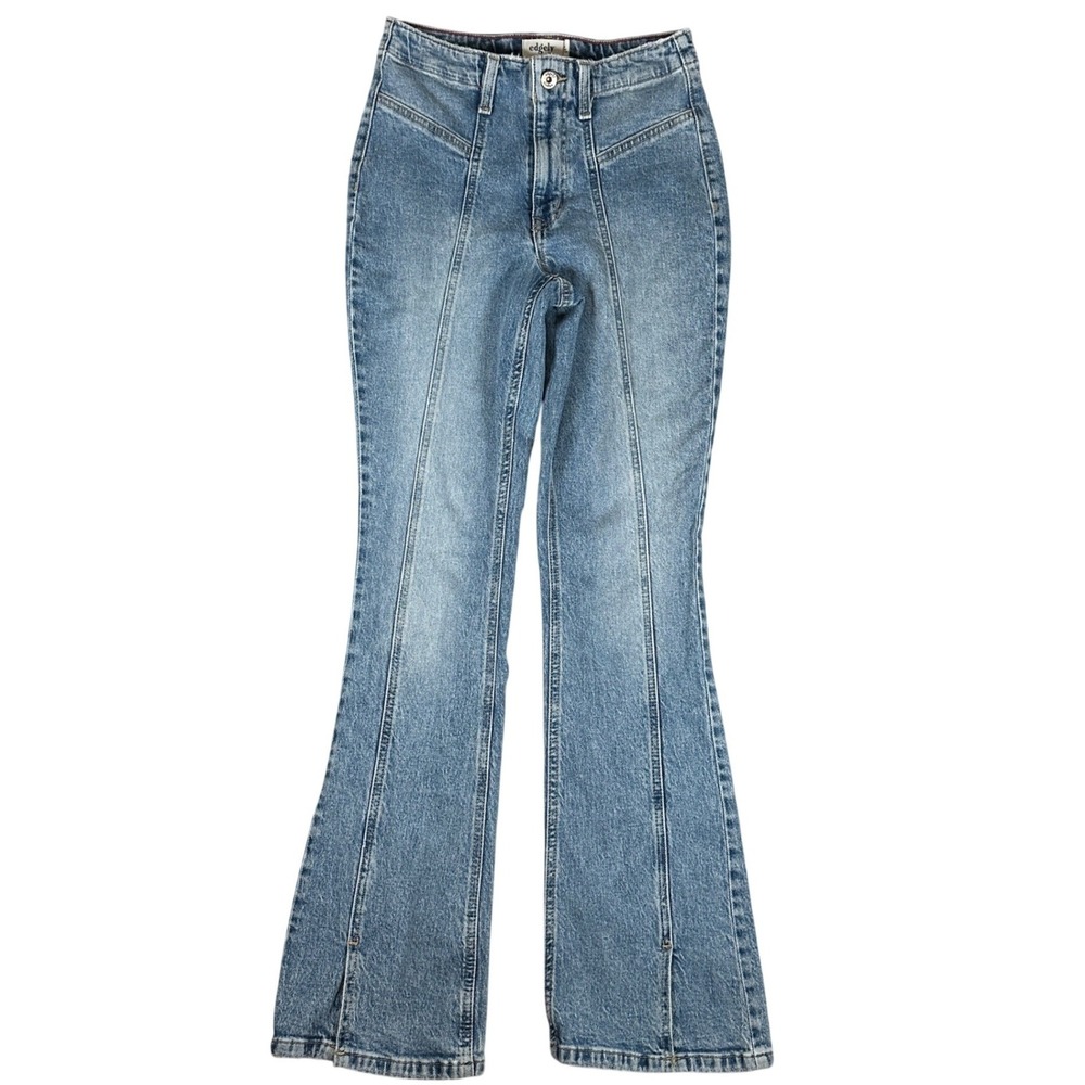 Edgely High Rise Flare Jeans 4 Medium Wash Seamed Split Hem Stretch Denim 70s